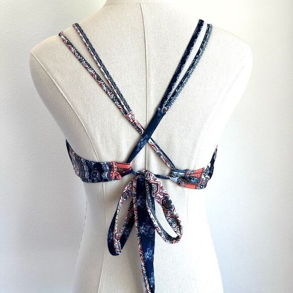 Multi-print Twist Bikini Top Size Medium Blue White and Coral Strappy Design No - Picture 3 of 11